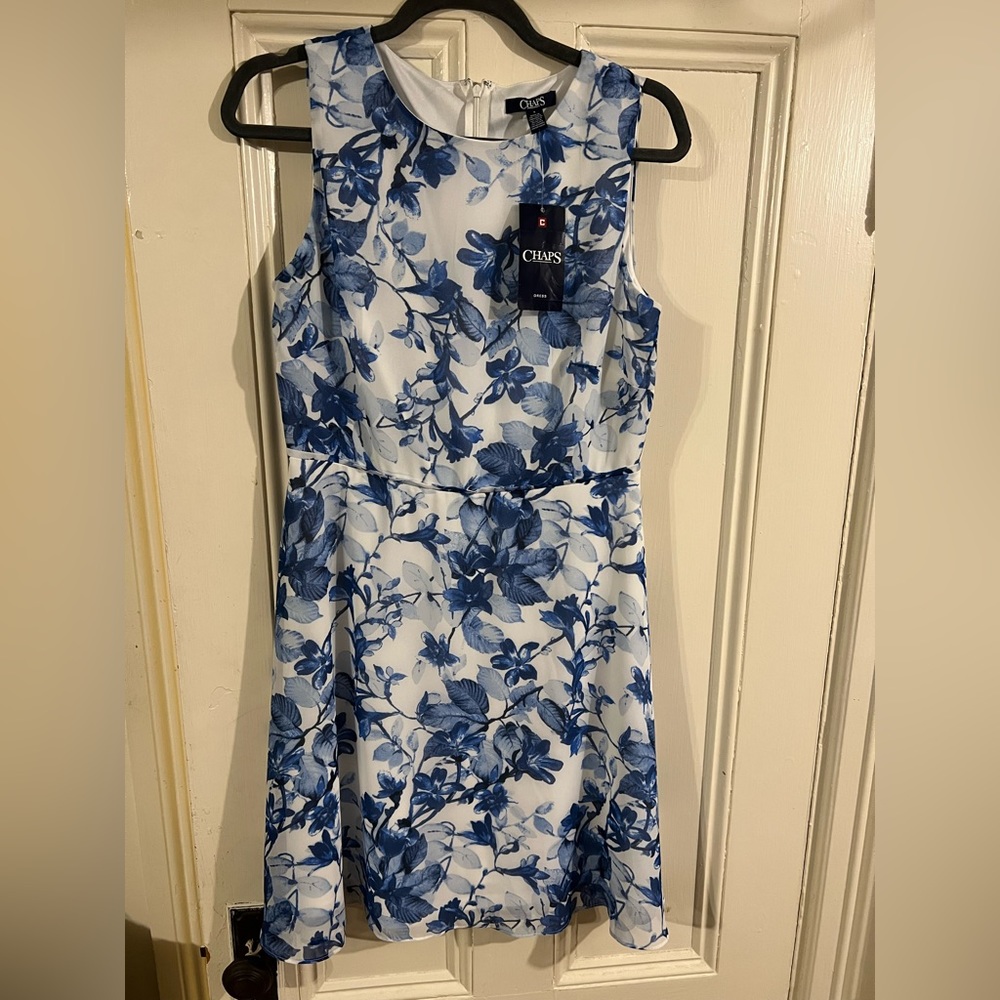Chaps white and blue flowered dress